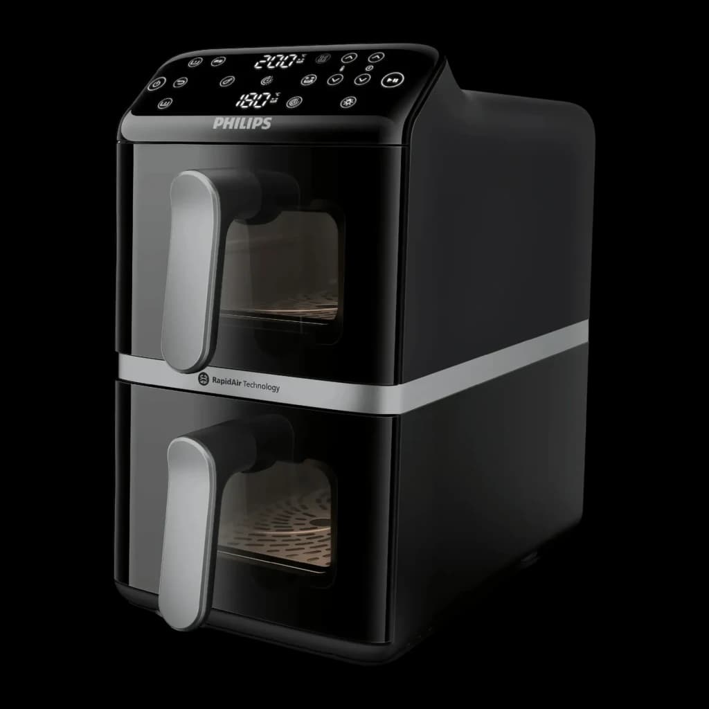 Fritadeira de Ar Philips Airfryer 10L Dupla Cesta 2750W Preto NA461/00, vista frontal em ângulo: painel LED táctil, duas