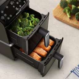Freidora de Aire Philips Airfryer 10L Doble Cesta 2750W Negro NA461/00, vista cenital: dos cestas abiertas con brócoli