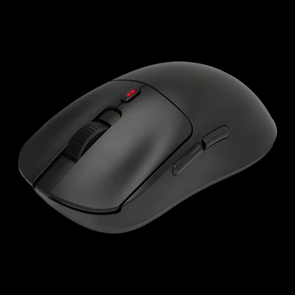 Souris Gaming Krom Klever Sans Fil 10000 DPI Noir, vue latérale-supérieure: molette texturée, bouton DPI rouge et boutons