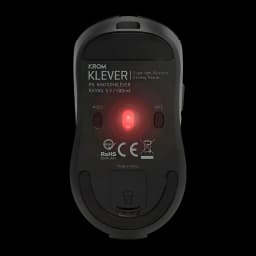 Souris Gaming Krom Klever Sans Fil 10000 DPI Noir, vue inférieure: capteur optique rouge, boutons MODE et RATE, logement