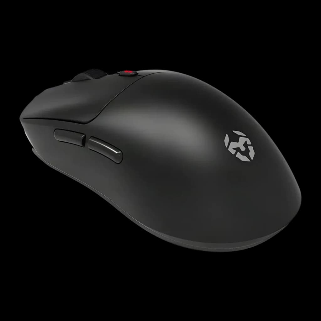 Souris Gaming Krom Klever Sans Fil 10000 DPI Noir, vue latérale: logo Krom sur le flanc droit, boutons latéraux et molette