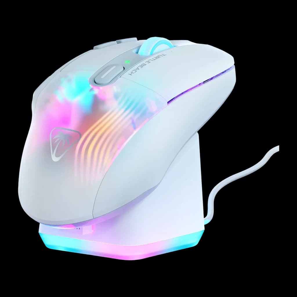 Souris Gaming Turtle Beach Kone XP Air Sans Fil RF+Bluetooth 19000 DPI RGB Blanc, vue latérale: sur socle de charge