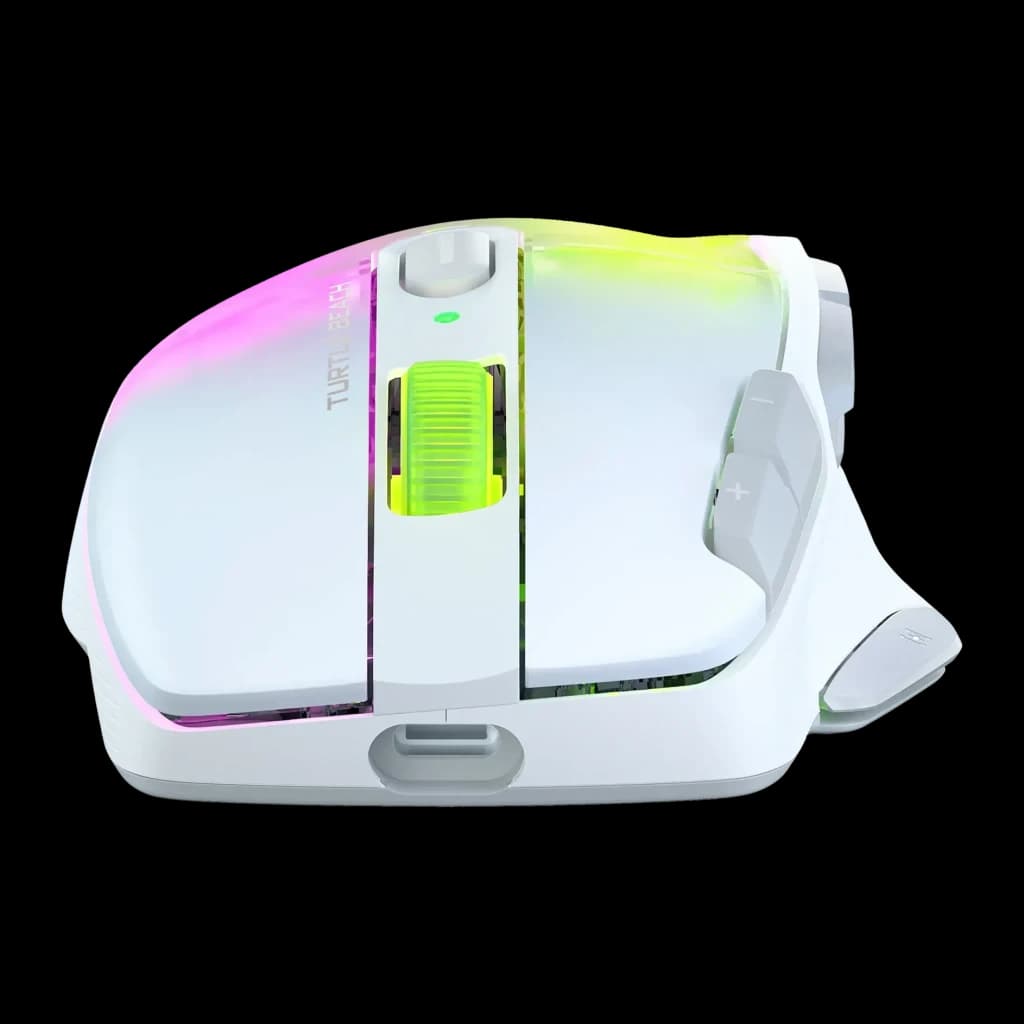 Souris Gaming Turtle Beach Kone XP Air Sans Fil RF+Bluetooth 19000 DPI RGB Blanc, vue dessus: molette verte éclairée