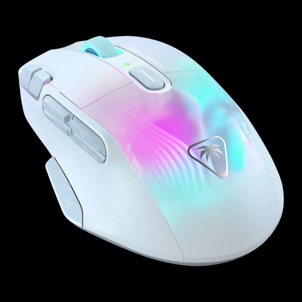 Souris Gaming Turtle Beach Kone XP Air Sans Fil RF+Bluetooth 19000 DPI RGB Blanc, vue latérale-dessus: éclairage RGB