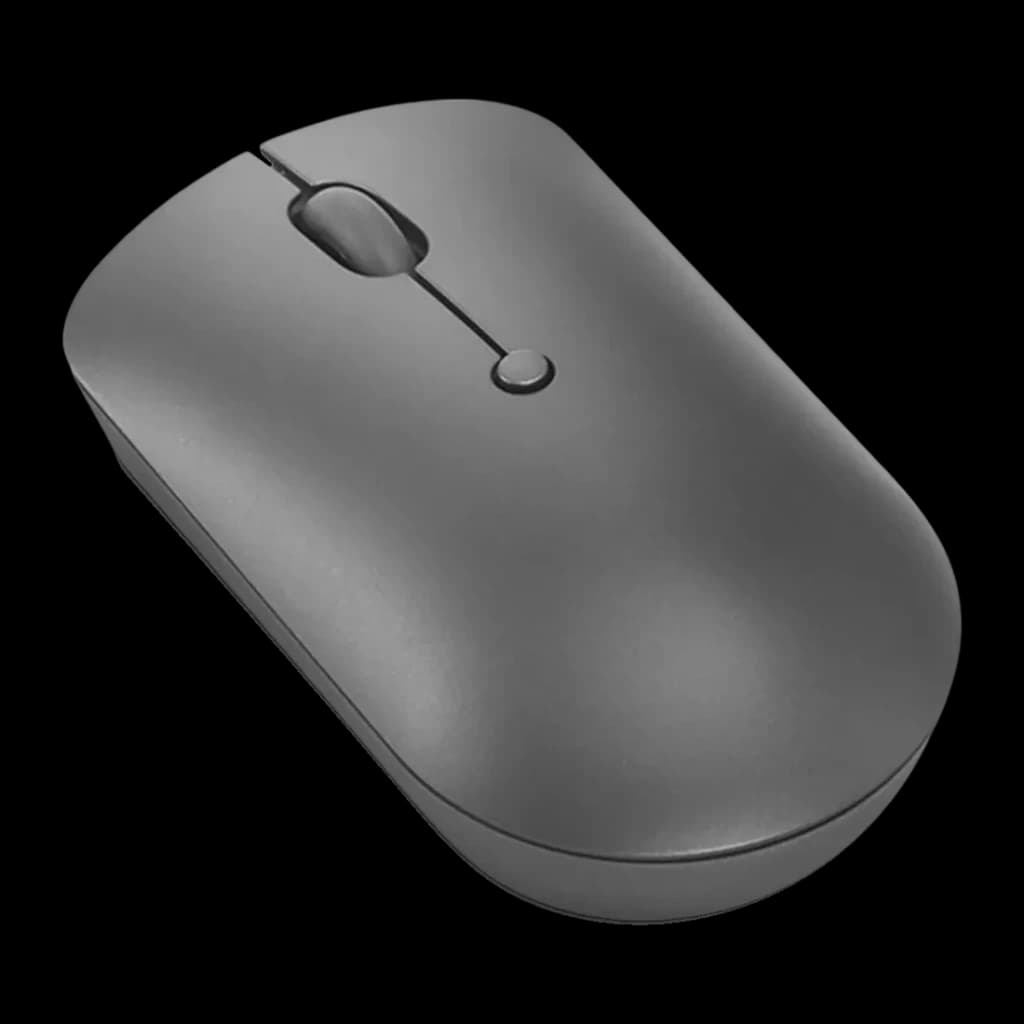 Ratón Lenovo 540 Gris Inalámbrico Ergonómico, vista superior en ángulo: rueda de scroll y botón de conexión visibles