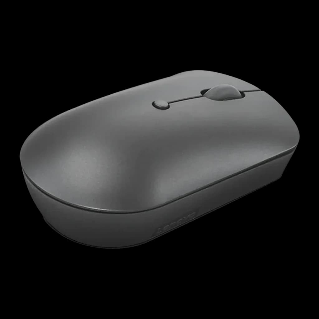 Ratón Lenovo 540 Gris Inalámbrico Ergonómico, vista superior en ángulo: perfil redondeado, rueda central y logo Lenovo