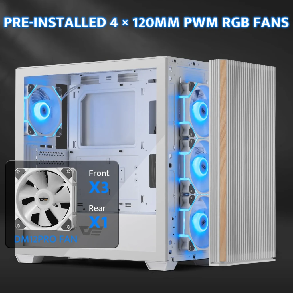 Boîtier PC Darkflash Verre Trempé ATX Blanc DS900WS, vue latérale: 4 ventilateurs ARGB bleus, 3 avant et 1 arrière DM12PRO