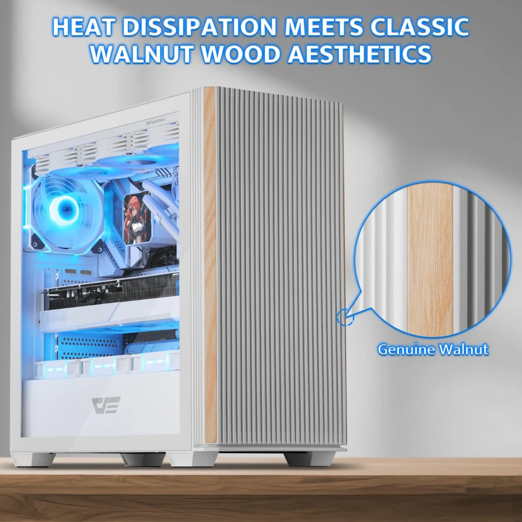 Boîtier PC Darkflash Verre Trempé ATX Blanc DS900WS, vue latérale: détail agrandi du noyer véritable et intérieur éclairé