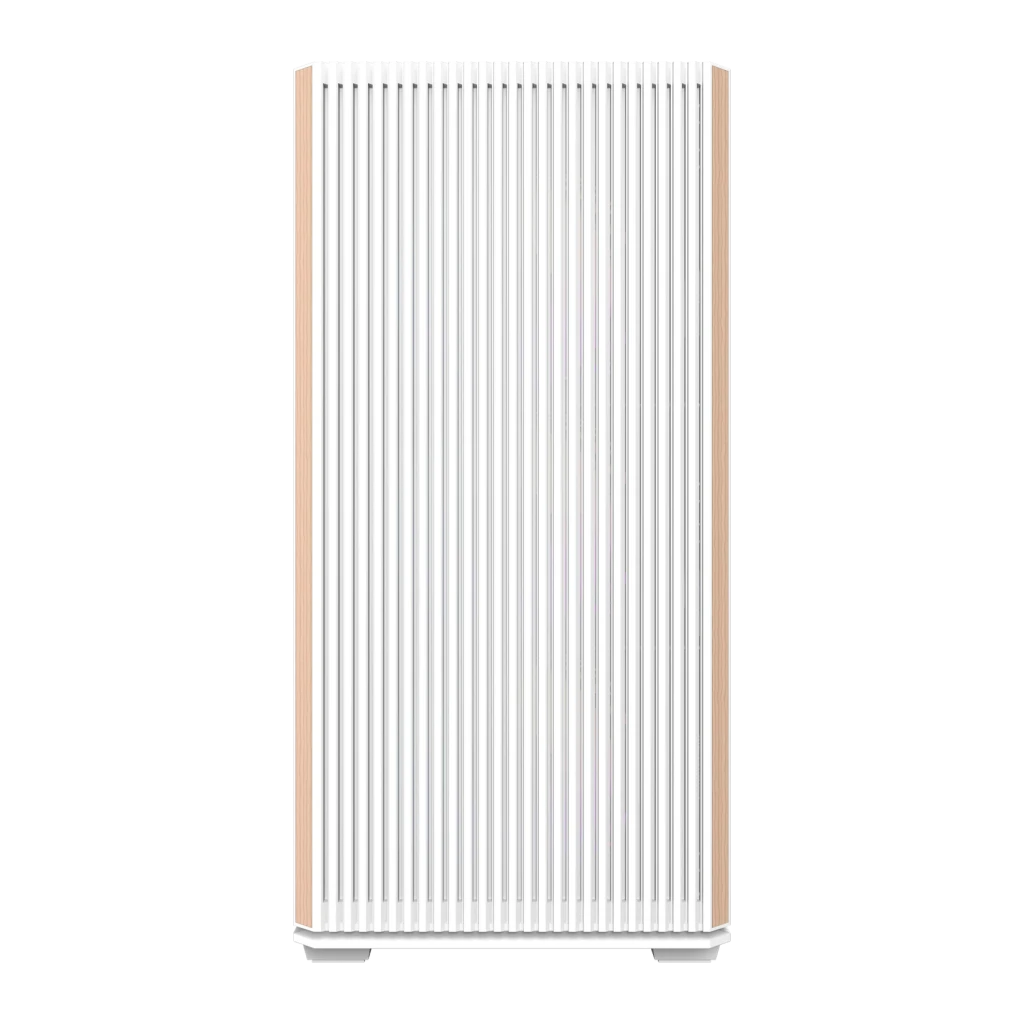Boîtier PC Darkflash Verre Trempé ATX Blanc DS900WS, détail: panneau latéral à lattes blanches verticales et cadre effet bois
