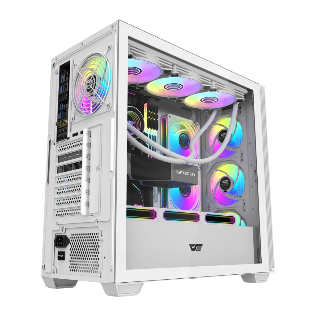 Boîtier PC Darkflash Verre Trempé ATX Blanc DS900WS, vue 3/4 latérale: panneau en verre avec ventilateurs ARGB éclairés