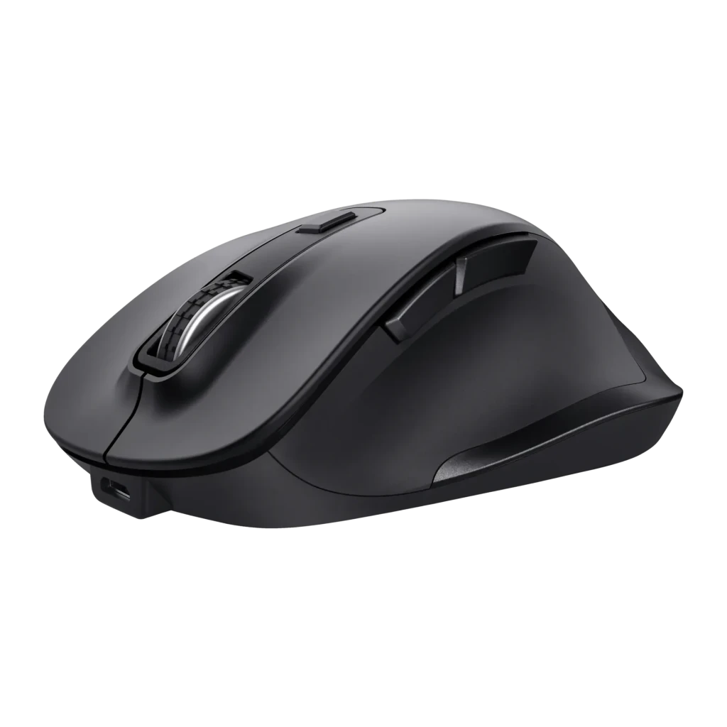 Rato Trust Fyda Preto Sem Fios Ergonómico, vista lateral: perfil ergonómico elevado, roda prateada e porta USB-C visíveis