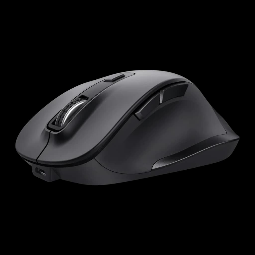 Rato Trust Fyda Preto Sem Fios Ergonómico, vista lateral: perfil ergonómico elevado, roda prateada e porta USB-C visíveis