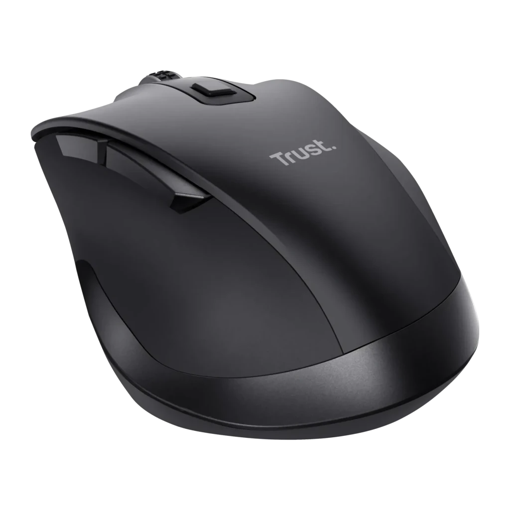 Rato Trust Fyda Preto Sem Fios Ergonómico, vista diagonal superior: logótipo Trust, roda e perfil ergonómico direito