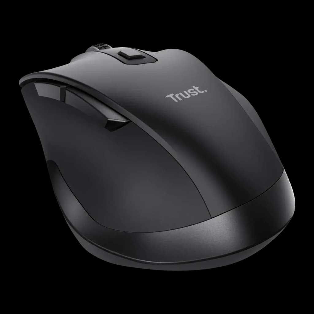 Rato Trust Fyda Preto Sem Fios Ergonómico, vista diagonal superior: logótipo Trust, roda e perfil ergonómico direito