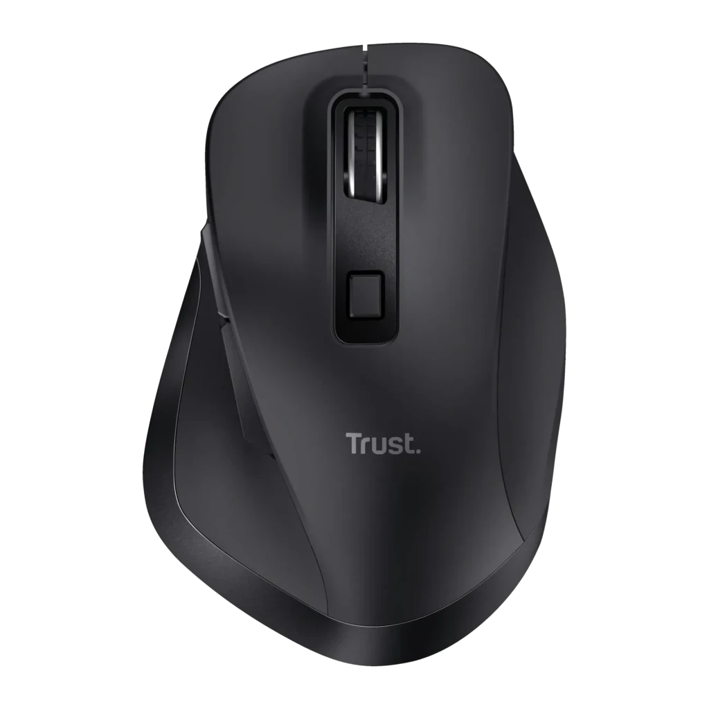 Rato Trust Fyda Preto Sem Fios Ergonómico, vista superior: roda de scroll, botão DPI e logótipo Trust visíveis