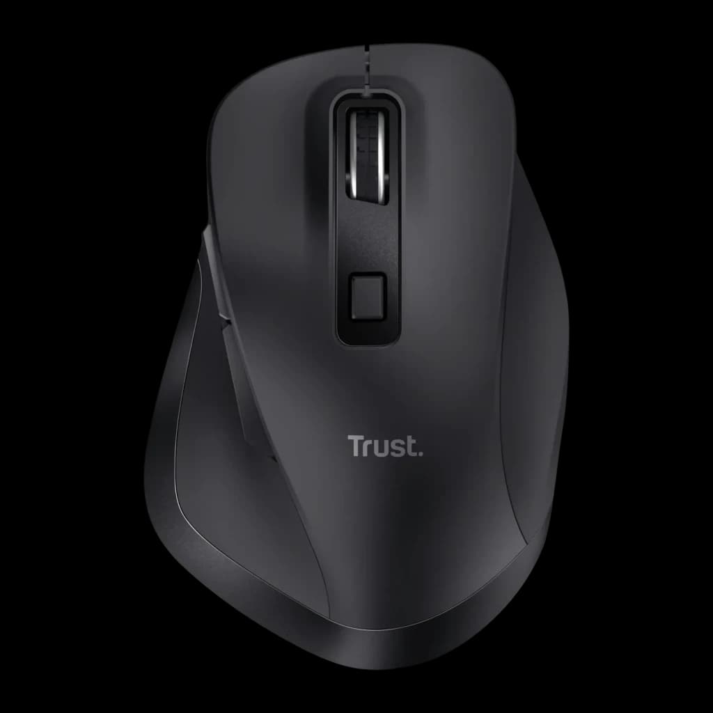 Rato Trust Fyda Preto Sem Fios Ergonómico, vista superior: roda de scroll, botão DPI e logótipo Trust visíveis