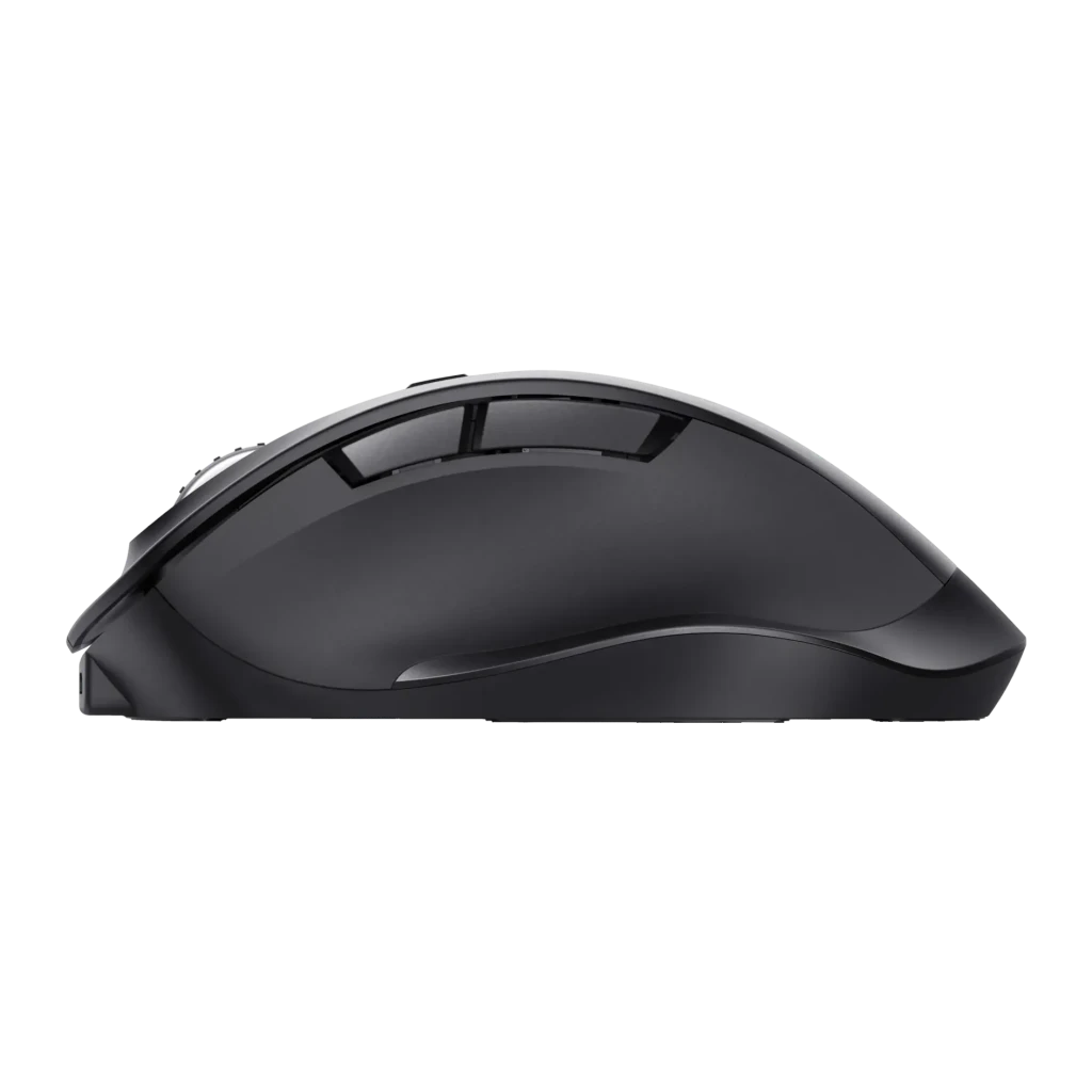 Rato Trust Fyda Preto Sem Fios Ergonómico, vista lateral: perfil ergonómico elevado com roda e botões laterais visíveis