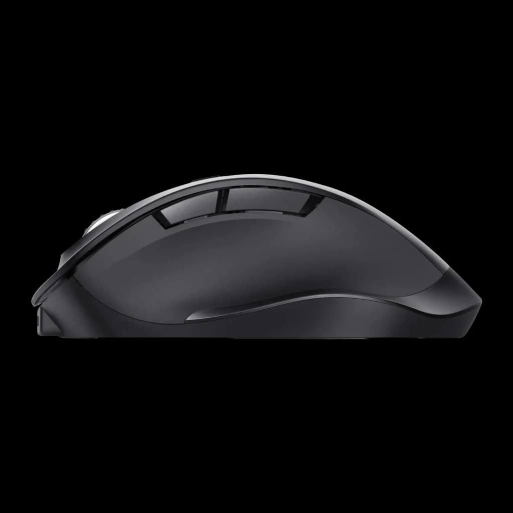 Rato Trust Fyda Preto Sem Fios Ergonómico, vista lateral: perfil ergonómico elevado com roda e botões laterais visíveis
