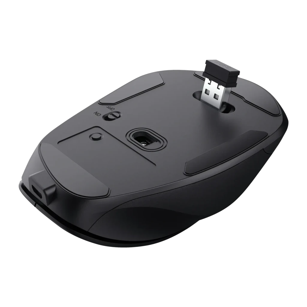 Rato Trust Fyda Preto Sem Fios Ergonómico, vista inferior: sensor ótico, interruptor on/off e nano recetor USB retirado