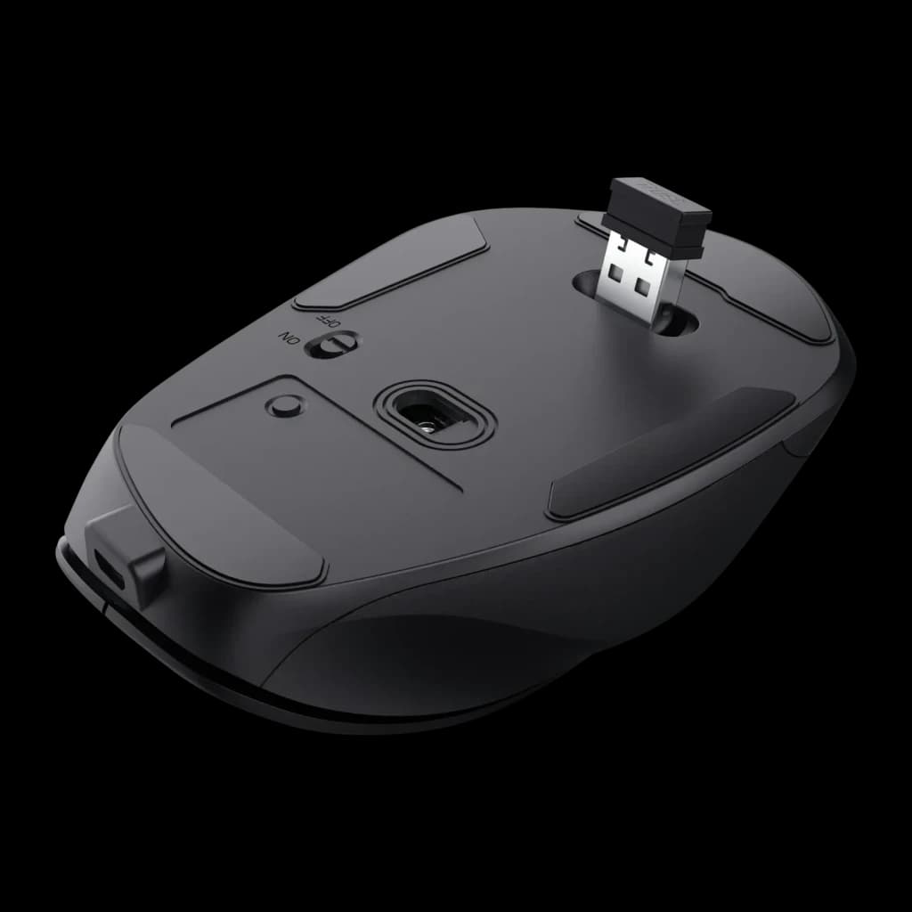 Rato Trust Fyda Preto Sem Fios Ergonómico, vista inferior: sensor ótico, interruptor on/off e nano recetor USB retirado