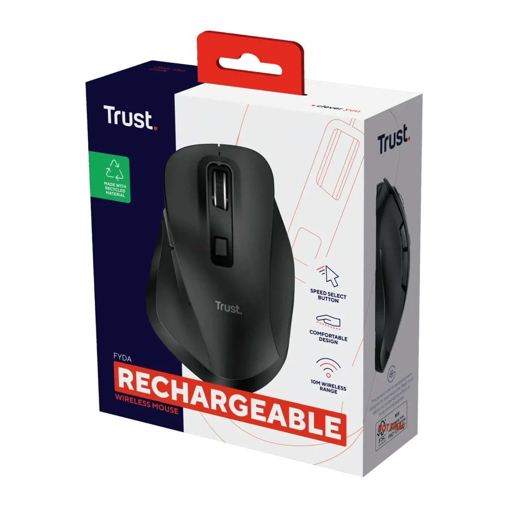 Rato Trust Fyda Preto Sem Fios Ergonómico, caixa: embalagem frontal com rato e texto Rechargeable