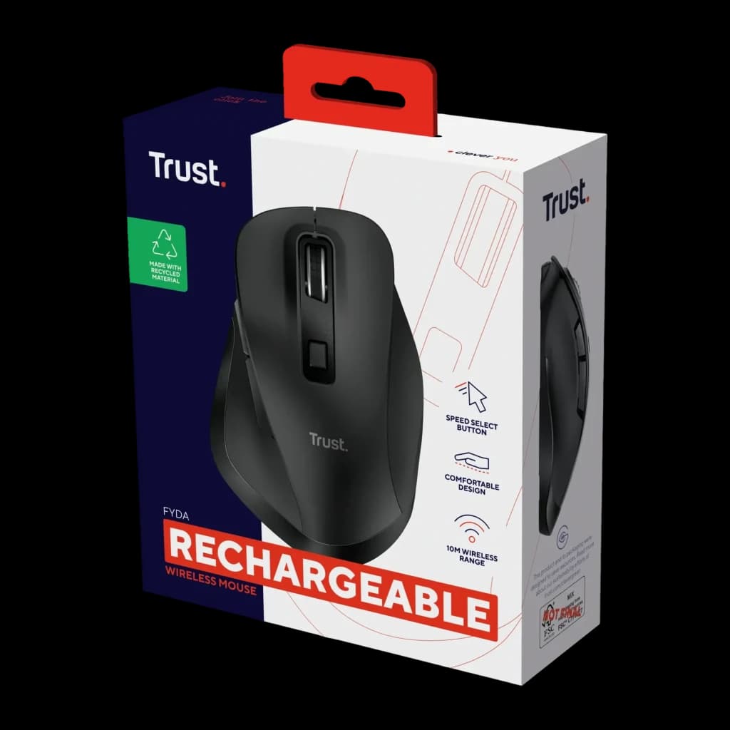 Rato Trust Fyda Preto Sem Fios Ergonómico, caixa: embalagem frontal com rato e texto Rechargeable
