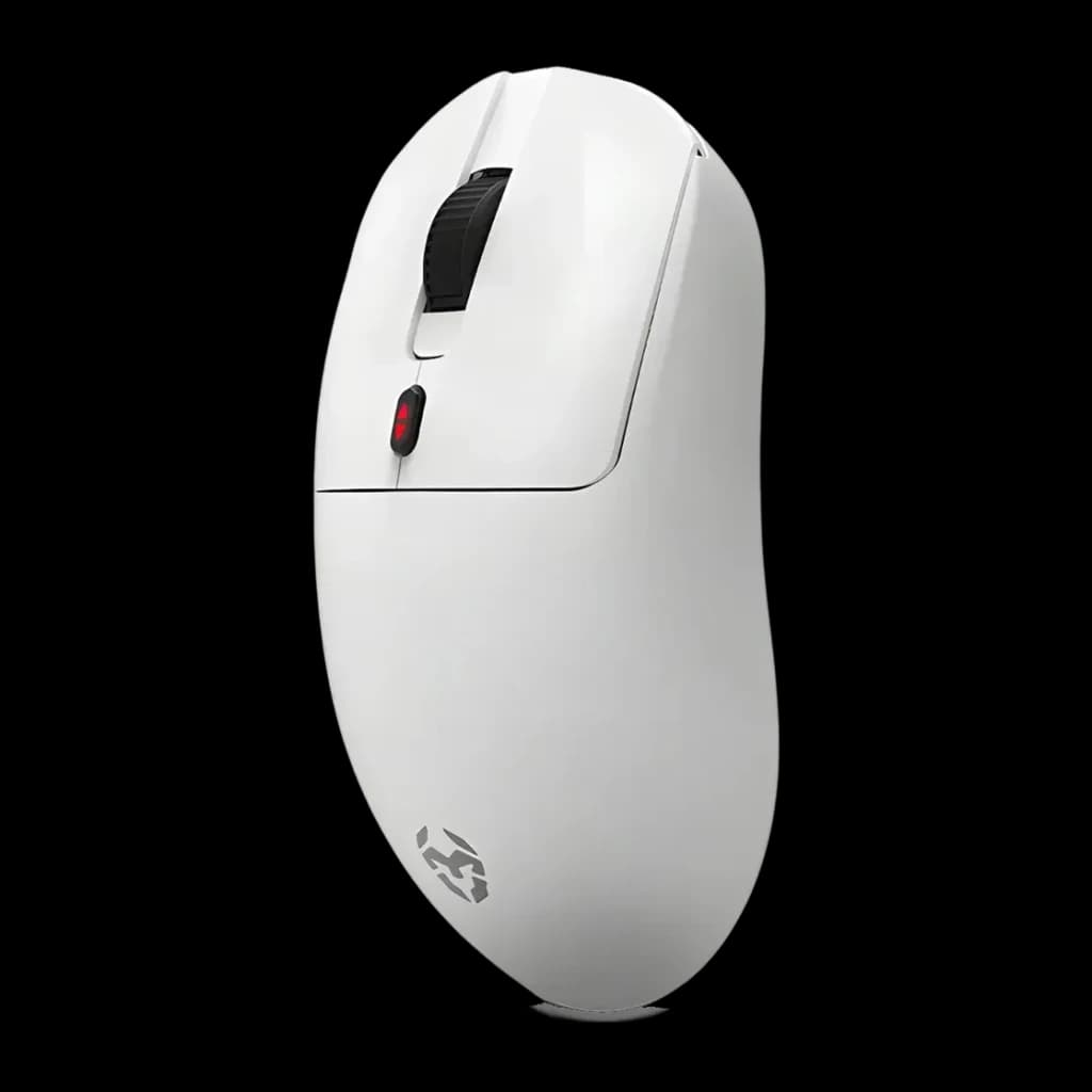 Souris Gaming Krom Klever Sans Fil 10000 DPI Blanc, vue latérale: molette noire, bouton DPI rouge et logo Krom sur coque