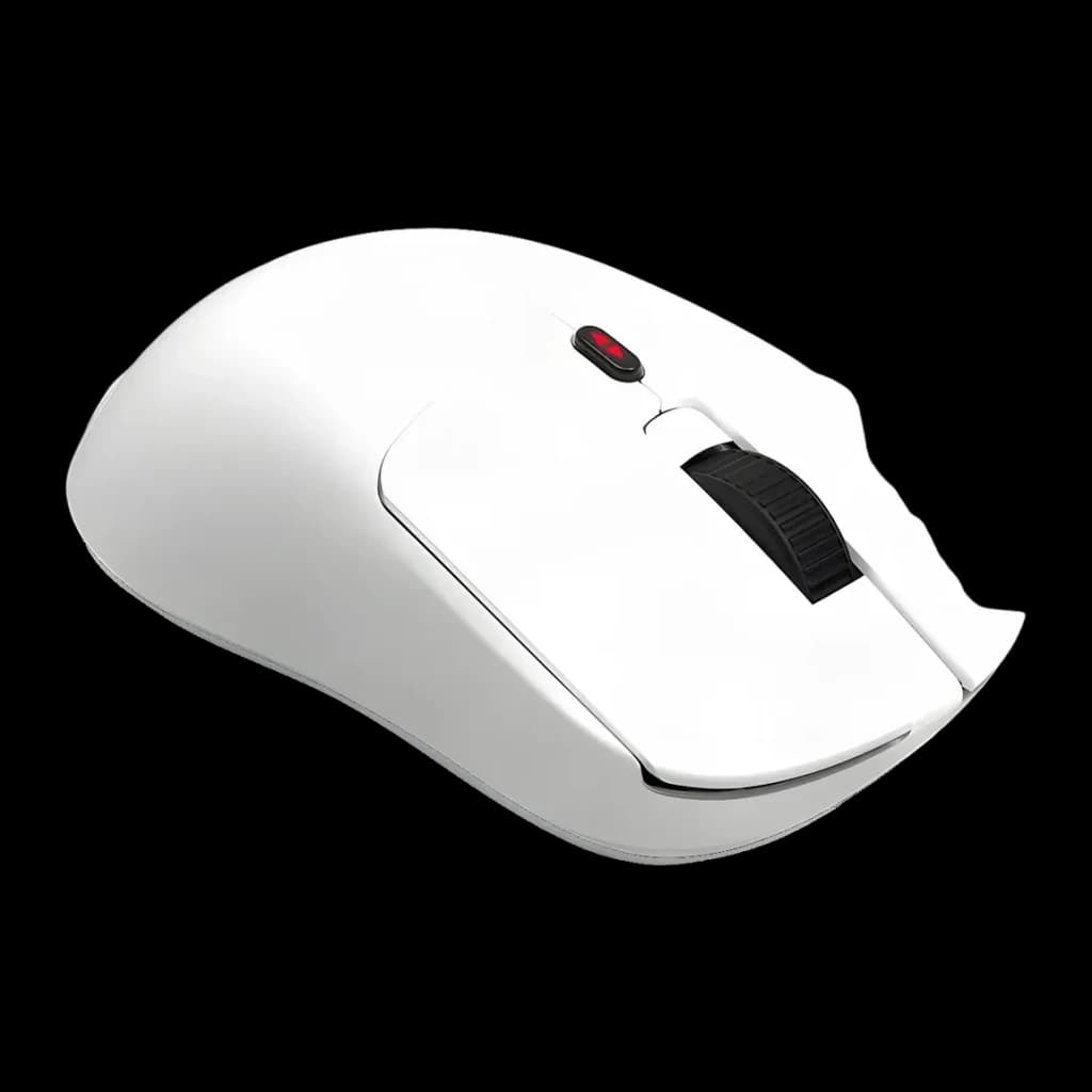 Souris Gaming Krom Klever Sans Fil 10000 DPI Blanc, vue latérale: corps blanc, molette noire et bouton DPI rouge visibles