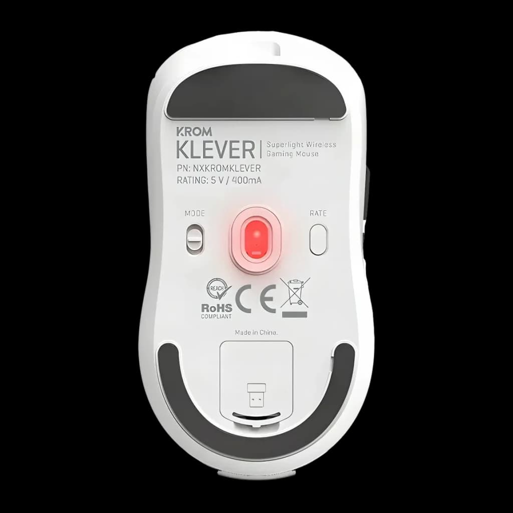 Souris Gaming Krom Klever Sans Fil 10000 DPI Blanc, vue dessous: capteur optique rouge, boutons MODE et RATE, patins