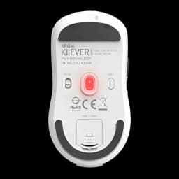 Souris Gaming Krom Klever Sans Fil 10000 DPI Blanc, vue dessous: capteur optique rouge, boutons MODE et RATE, patins