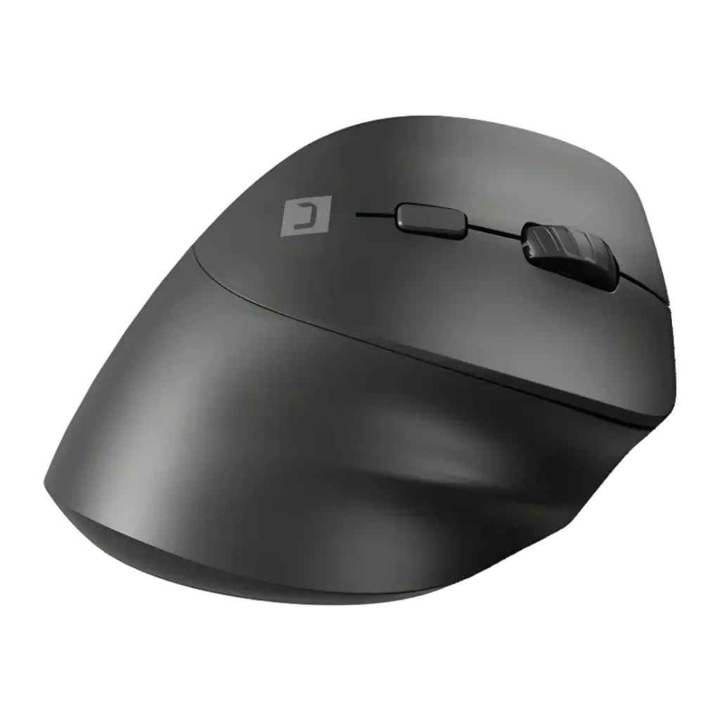 Souris Natec Crake 2 Noir Sans Fil Ergonomique Verticale, vue du dessus: logo Natec, molette et boutons centraux sur fond