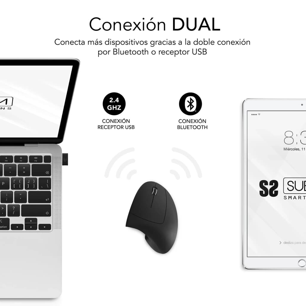 Souris Subblim Glide Vertical Ergo Dual Noir Sans Fil Silencieuse, connexion dual: récepteur USB 2.4GHz et Bluetooth