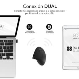 Souris Subblim Glide Vertical Ergo Dual Noir Sans Fil Silencieuse, connexion dual: récepteur USB 2.4GHz et Bluetooth