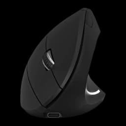 Souris Subblim Glide Vertical Ergo Dual Noir Sans Fil Silencieuse, vue latérale: molette argentée, port USB-C en bas et LED