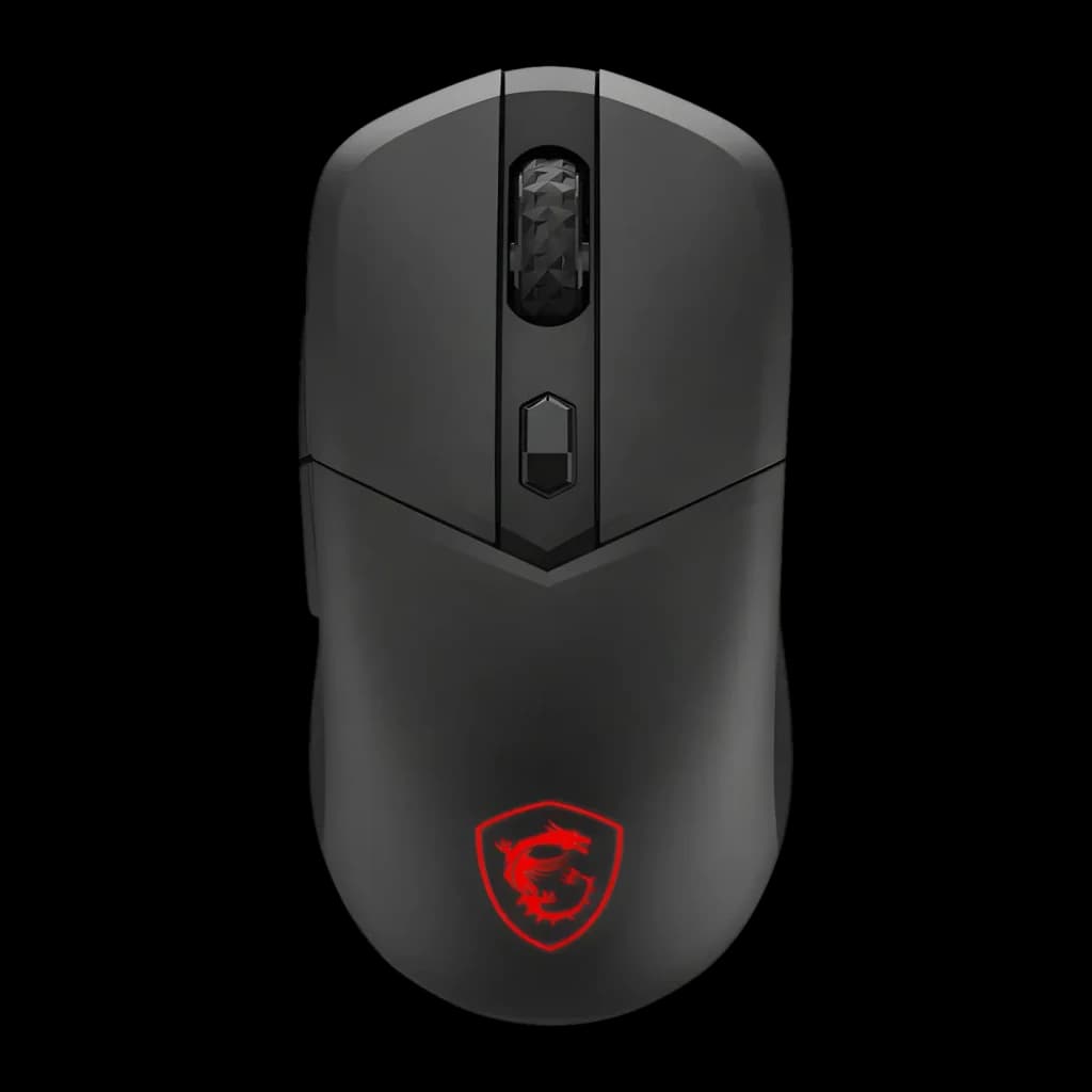 Souris gaming MSI Versa 300W Sans Fil 8000 DPI RGB Noir, vue du dessus: molette facettée, bouton DPI et logo dragon rouge