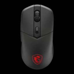 Souris gaming MSI Versa 300W Sans Fil 8000 DPI RGB Noir, vue du dessus: molette facettée, bouton DPI et logo dragon rouge