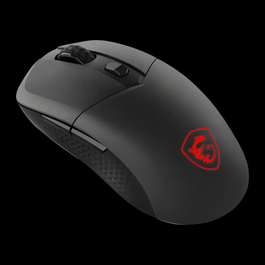 Souris gaming MSI Versa 300W Sans Fil 8000 DPI RGB Noir, vue latérale droite: logo dragon rouge éclairé et texture