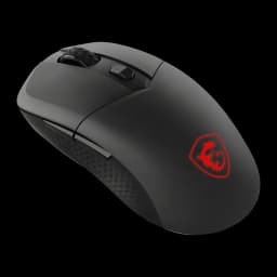 Souris gaming MSI Versa 300W Sans Fil 8000 DPI RGB Noir, vue latérale droite: logo dragon rouge éclairé et texture