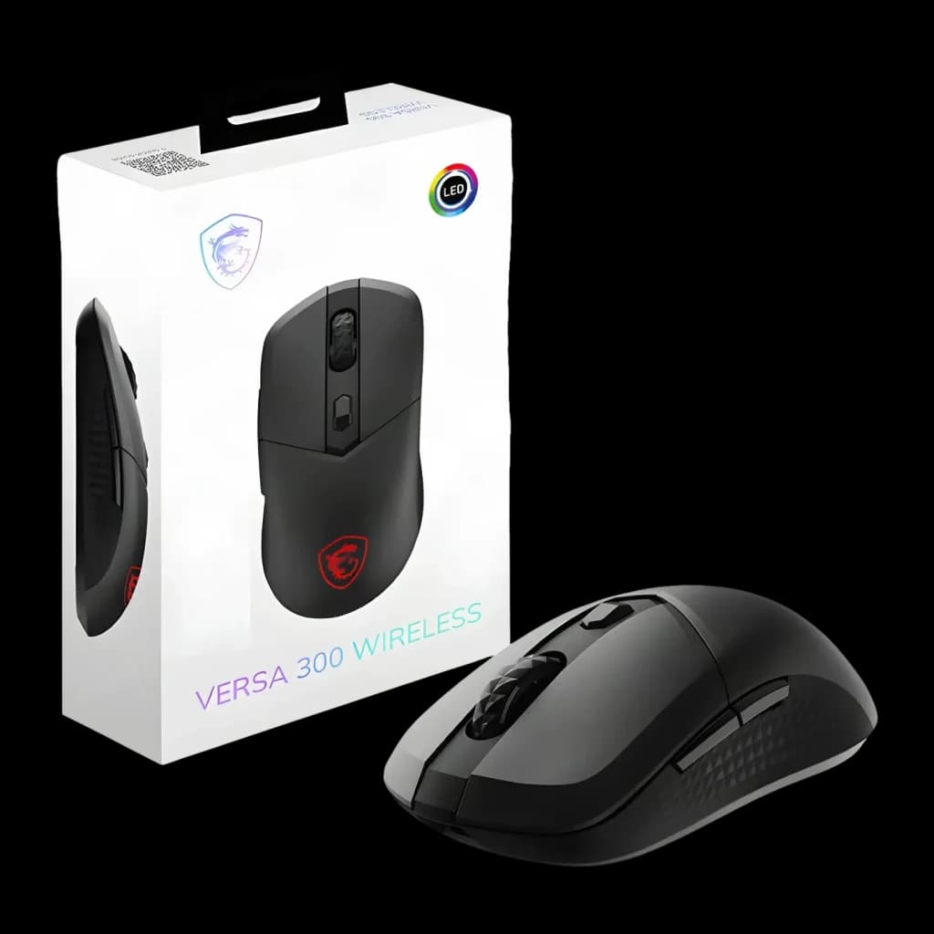 Souris gaming MSI Versa 300W Sans Fil 8000 DPI RGB Noir, boîte et souris: emballage frontal avec souris vue de dessus