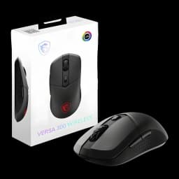 Souris gaming MSI Versa 300W Sans Fil 8000 DPI RGB Noir, boîte et souris: emballage frontal avec souris vue de dessus