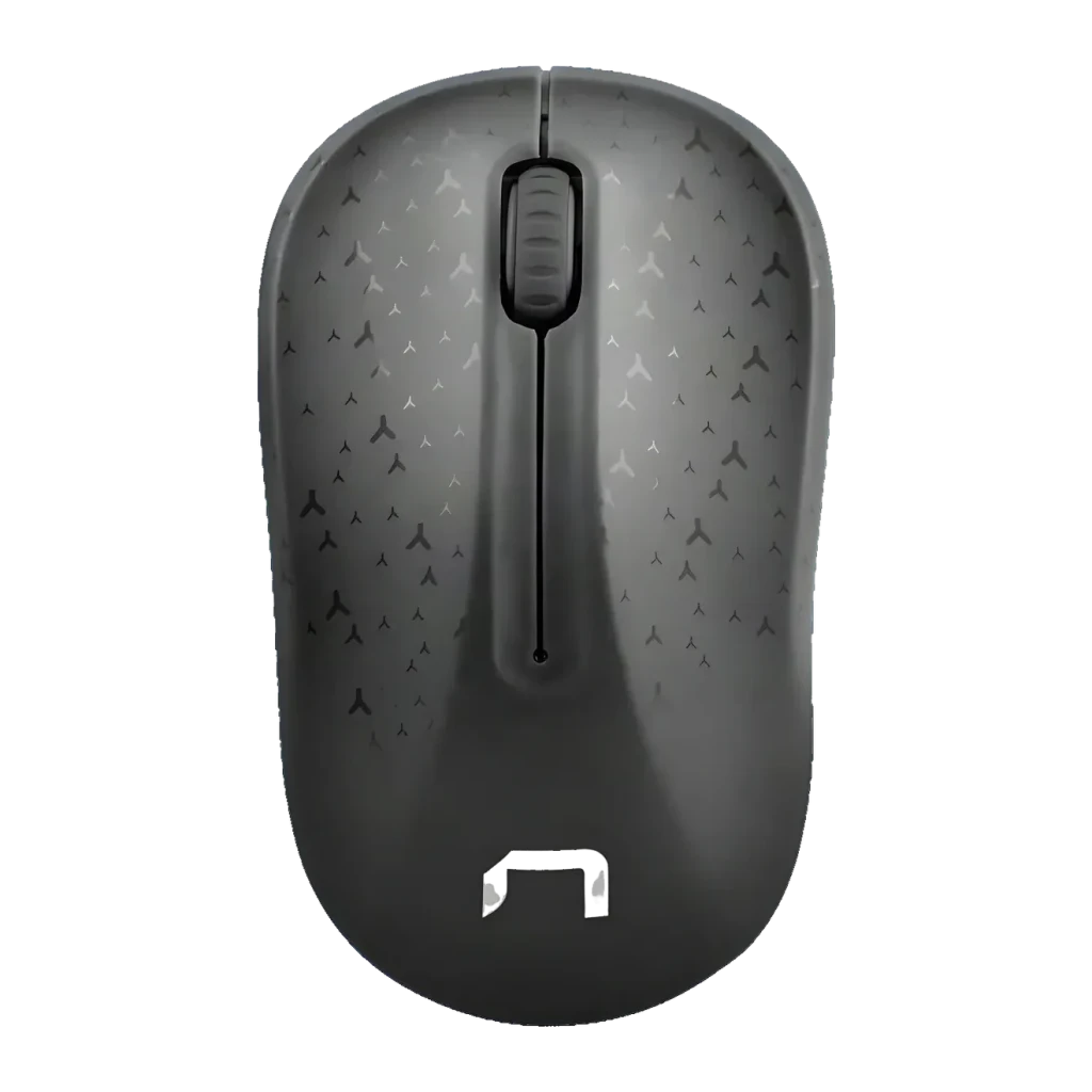Souris Natec Toucan Noir Sans Fil Ergonomique, vue du dessus: motif flèches sur coque grise et molette noire
