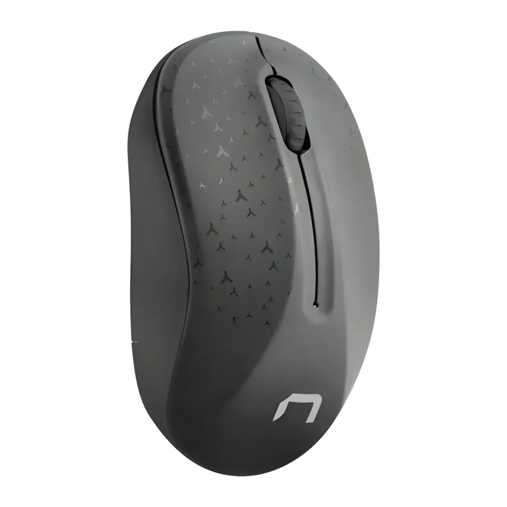 Souris Natec Toucan Noir Sans Fil Ergonomique, vue latérale: motif d'oiseaux sur le dessus et logo Natec visible
