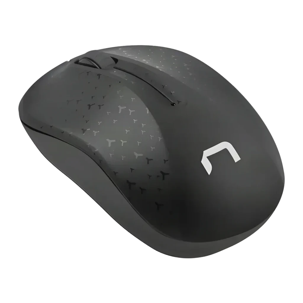 Souris Natec Toucan Noir Sans Fil Ergonomique, vue dessus latérale: texture à motifs et logo Natec sur corps arrondi