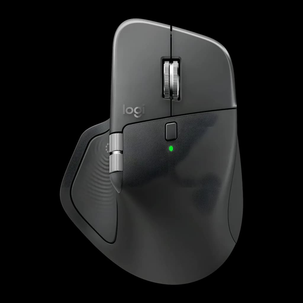 Ratón Logitech MX Master 4 Grafito Inalámbrico Ergonómico, vista lateral derecha: rueda de desplazamiento metálica, botones