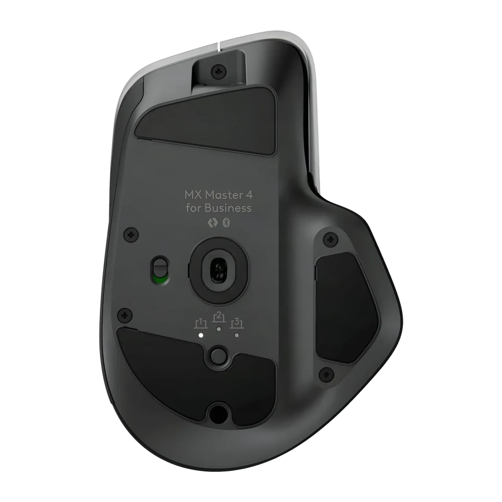 Ratón Logitech MX Master 4 Grafito Inalámbrico Ergonómico, vista inferior: sensor óptico, selector de dispositivos y pads