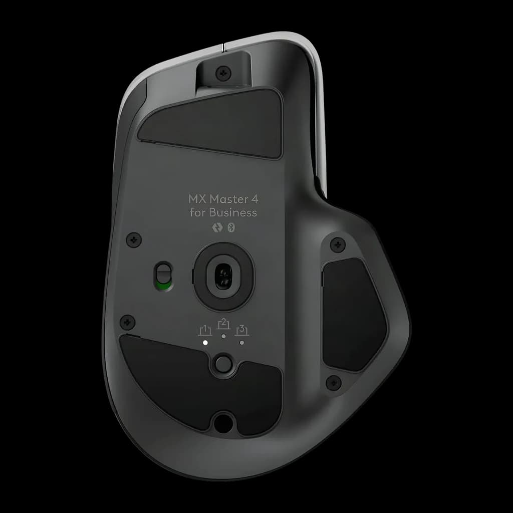 Ratón Logitech MX Master 4 Grafito Inalámbrico Ergonómico, vista inferior: sensor óptico, selector de dispositivos y pads