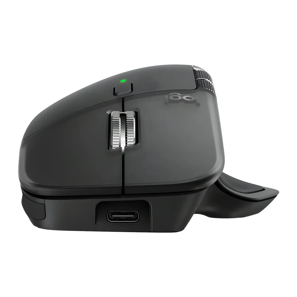 Ratón Logitech MX Master 4 Grafito Inalámbrico Ergonómico, vista lateral: rueda MagSpeed, LED verde y puerto USB-C visibles