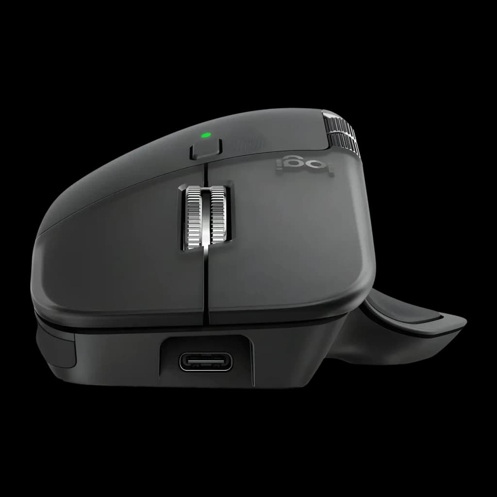 Ratón Logitech MX Master 4 Grafito Inalámbrico Ergonómico, vista lateral: rueda MagSpeed, LED verde y puerto USB-C visibles
