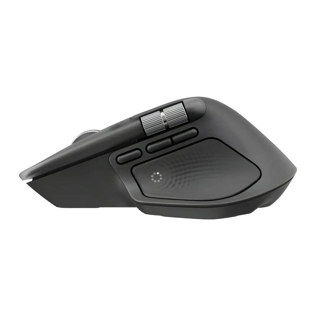 Ratón Logitech MX Master 4 Grafito Inalámbrico Ergonómico, vista lateral: rueda de desplazamiento metálica, botones