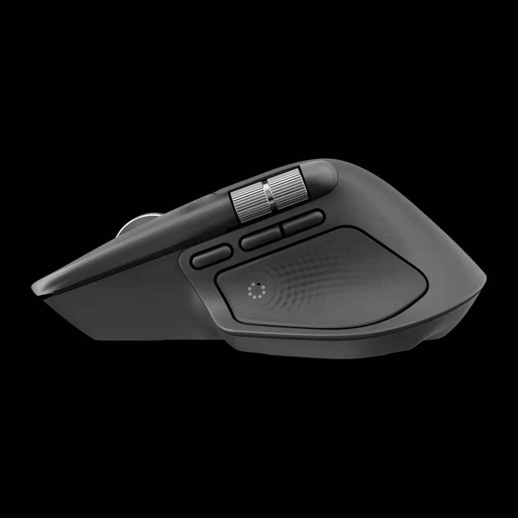 Ratón Logitech MX Master 4 Grafito Inalámbrico Ergonómico, vista lateral: rueda de desplazamiento metálica, botones